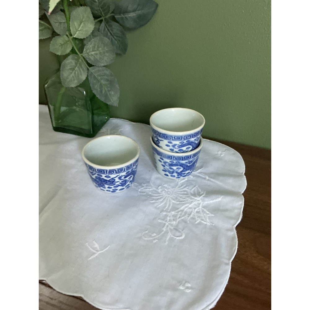 Vintage Blue and White Sake Cups Set of 3 | Japanese Porcelain Cups